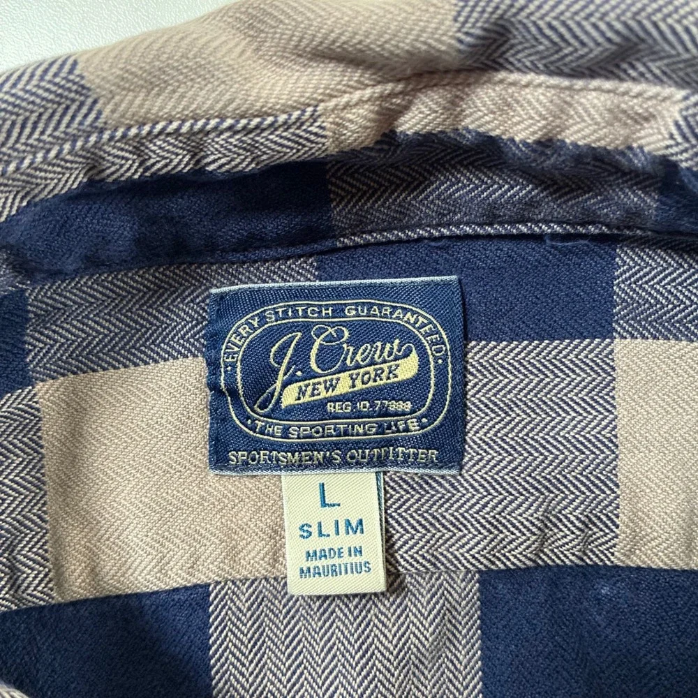 J. Crew Flannel Shirt Large Slim Navy Tan Buffalo Check Herringbone Button Up
